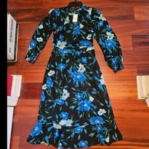 J. Crew Factory Black and Blue Floral Long Sleeve Dress- Size 0
